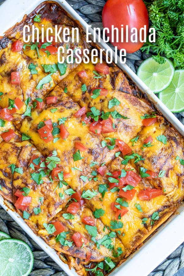 This easy Chicken Enchilada Casserole is made with red sauce, chicken, and flour tortillas, layered together with perfectly melted cheese for a delicious comfort food casserole that everyone will love. Use rotisserie chicken for the shredded chicken to save time. It's the best cheesy enchilada casserole recipe ever. #casserole #enchilada #chicken #cheese #mexican #homemadeinterest