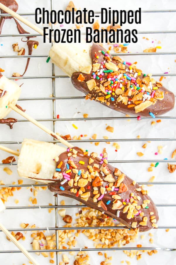 One of my favorite recipes as a kid was Chocolate-dipped frozen bananas! Frozen bananas on a stick dipped in chocolate and sprinkled with nuts, sprinkles, berries, or your other favorite toppings this is an awesome healthy snack for kids, or a delicious dessert that is better than a popsicle. #snacktime #bananas #chocolate #dessert #homemadeinterest
