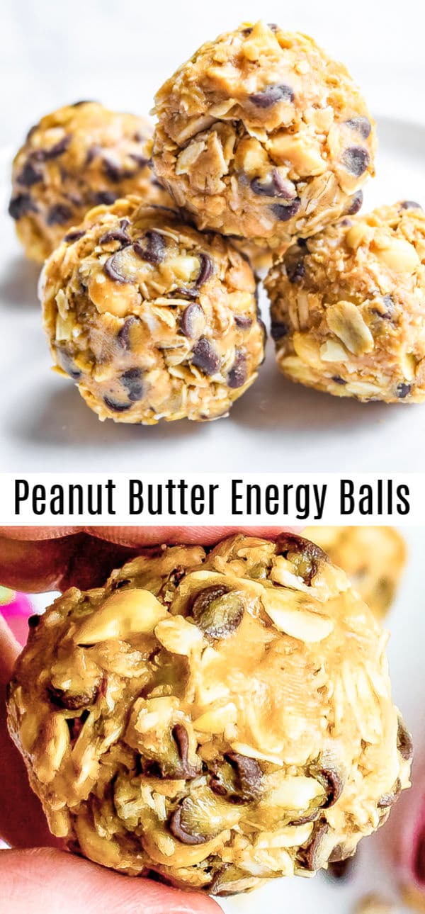 These healthy no bake energy balls are made with peanut butter, honey, oatmeal, chocolate chips, and peanuts. Energy bites with lots of protein make a great snack for kids for after school or after sports and are an easy energy boost when you need to feed a craving in the middle of the day. #peanutbutter #energyballs #healthyrecipe #honey #nobake #snacktime #homemadeinterest