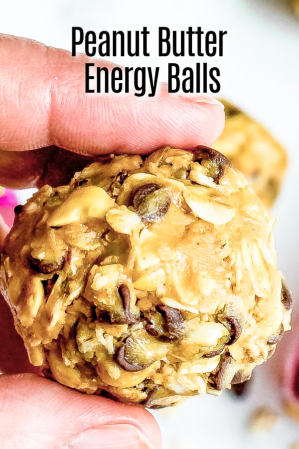 These healthy no bake energy balls are made with peanut butter, honey, oatmeal, chocolate chips, and peanuts. Energy bites with lots of protein make a great snack for kids for after school or after sports and are an easy energy boost when you need to feed a craving in the middle of the day. #peanutbutter #energyballs #healthyrecipe #honey #nobake #snacktime #homemadeinterest