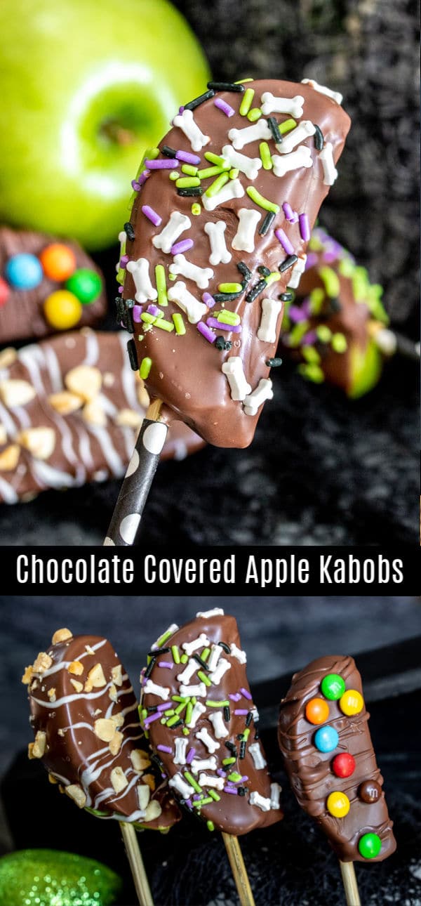 These Chocolate Covered Apple Kabobs are an easy idea for your Halloween party. Chocolate covered apple slices on a stick make serving candied apples super easy. Decorate them with dark chocolate, milk chocolate, and white chocolate, and top with your favorite candies. It's a fun fall dessert or Halloween dessert recipe. #dessert #apple #chocolate #halloweenrecipes #halloweenparty #homemadeinterest