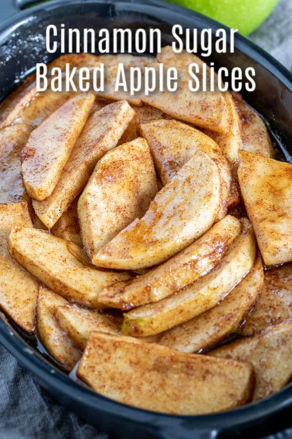 This easy recipe for baked apple slices adds a little cinnamon and sugar to green apples for the perfect fall dessert! Cinnamon and sugar apple slices are baked in the oven until they are bubbling and perfectly cooked. It's like apple pie without the crust! Serve them with a scoop of vanilla ice cream on top for the best apple dessert recipe! #apples #dessert #fall #baked #homemadeinterest