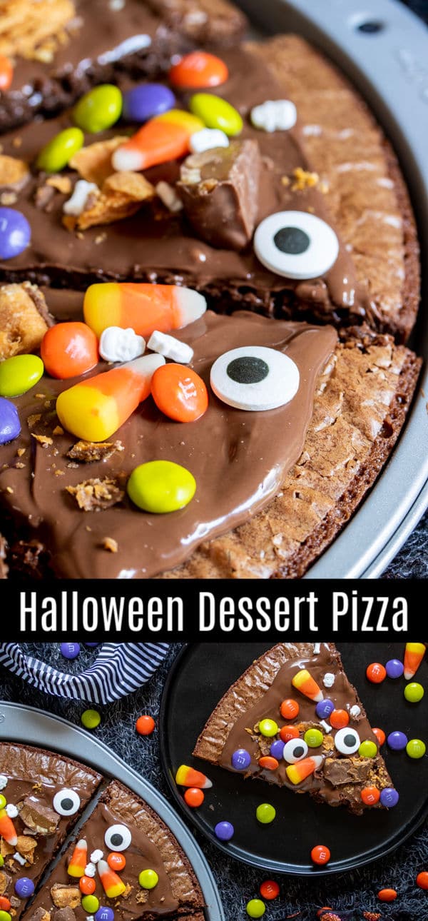 Halloween Dessert Pizza starts with a box of brownie mix and your favorite Halloween candy and bakes up into a delicious Halloween recipe for a party. This easy Halloween recipe idea uses brownie mix, Nutella, and Halloween candy to make a delicious Halloween dessert for kids and adults. It's perfect for parties and a great way to use up leftover Halloween candy. #halloween #halloweenparty #dessert #brownies #candy #homemadeinterest