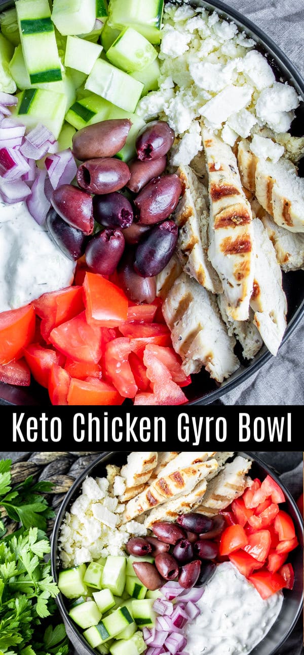 This healthy Keto Chicken Gyro Bowl is a low carb recipe that makes a great lunch or dinner idea. A Greek marinade gives the grilled chicken it's flavor and it is tossed with olives, feta, tomato, and cucumbers. It's served with tzatziki sauce as the dressing. Toss together and you have a delicious keto salad! #gyro #chicken #ketorecipes #lowcarbdiet #lowcarb #keto #bowl #homemadeinterest