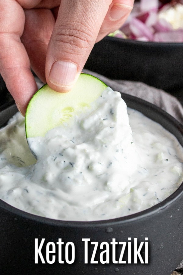 This easy recipe for Tzatziki Sauce is a keto version made with sour cream instead of Greek yogurt. This homemade keto tzatziki sauce is made with cucumbers and dill and is perfect for pairing with veggies or chicken gyros. #greek #keto #lowcarb #ketorecipes #lowcarbrecipes #sauce #dip #homemadeinterest