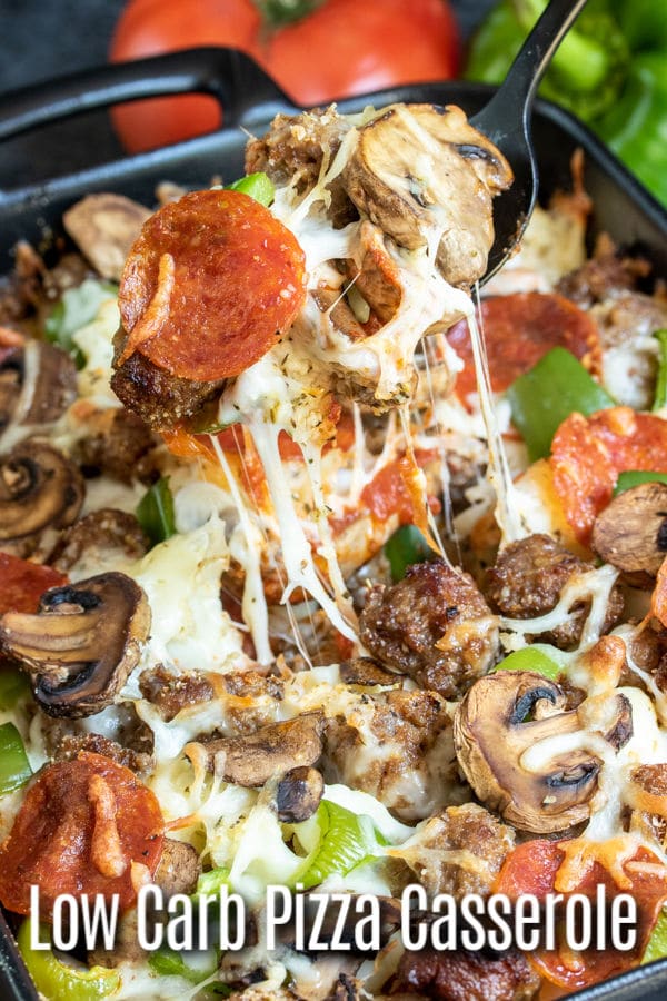 Low Carb Pizza Casserole is an easy keto dinner recipe made with all of your favorite pizza toppings, pepperoni, green peppers, sausage, mushrooms, and lots of mozzarella cheese. It's a low carb pizza casserole with no pasta! An easy low carb recipe for family dinners. #lowcarbdiet #ketodiet #keto #lowcarb #ketorecipes #pizza #casserole #homemadeinterest