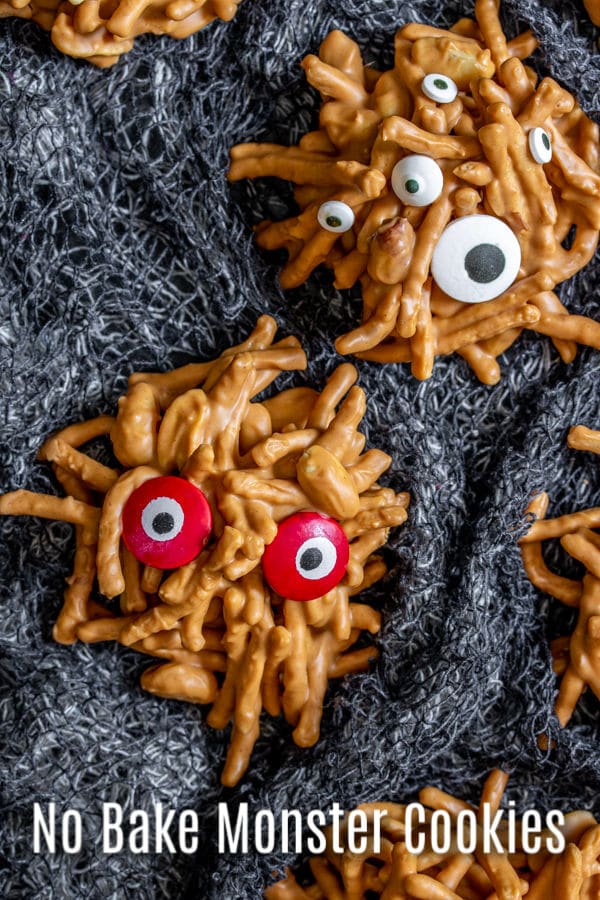 These No Bake Monster Cookies are an easy Halloween dessert made with peanut butter, crunchy chow mein noodles, peanut butter, butterscotch chips, and fun candy eyes. It's an easy no bake haystack cookies recipe with a Halloween twist! Make them for a Halloween party or a fun Halloween treat for the kids. #cookies #nobake #halloween #halloweenparty #dessert