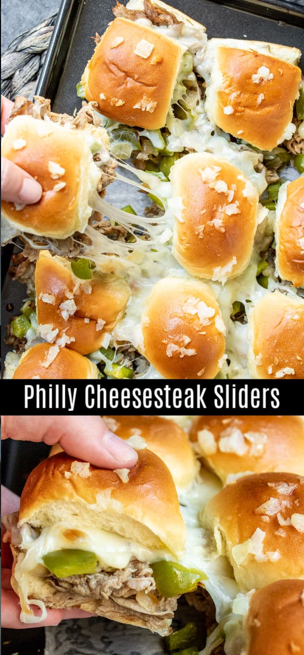 These Philly Cheesesteak sliders are a great football party food idea that is perfect for a crowd. Baked sliders filled with thinly sliced steak, provolone cheese, peppers, and onions make the ultimate Super bowl recipe, March Madness recipe, party appetizer, or just an awesome weeknight dinner recipe. #football #gameday #appetizer #sliders #phillycheesesteak #homemadeinterest