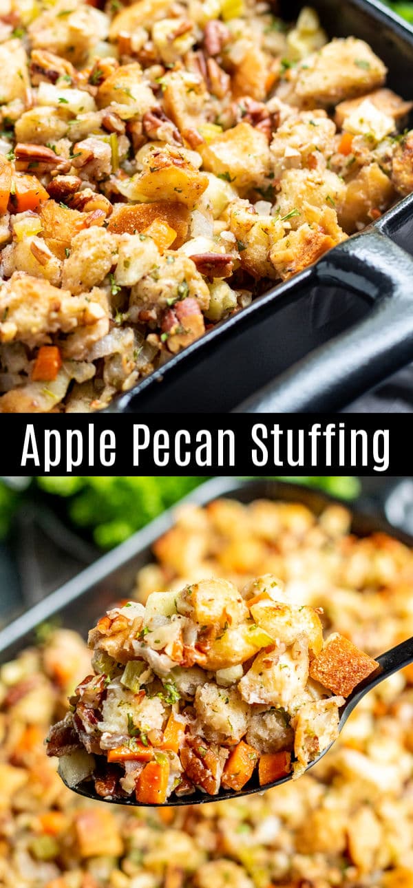This Apple Pecan Stuffing recipe is an instant classic. Delicious blend of buttery bread cubes, apples, and pecans. It an easy Thanksgiving stuffing recipe for your family and friends for Thanksgiving dinner. You can stuff the turkey with it or make it in a separate casserole dish. It’s one of the best Thanksgiving stuffing recipes I’ve ever tasted! #stuffing #dressing #pecans #apple #thanksgivingsidedishes #thanksgiving #christmas #sidedish #homemadeinterest