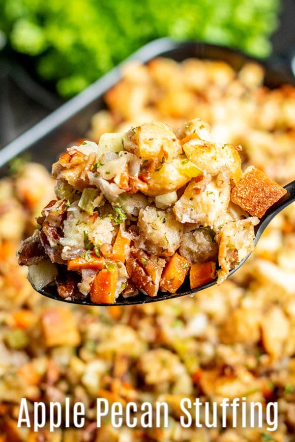 This Apple Pecan Stuffing recipe is an instant classic. Delicious blend of buttery bread cubes, apples, and pecans. It an easy Thanksgiving stuffing recipe for your family and friends for Thanksgiving dinner. You can stuff the turkey with it or make it in a separate casserole dish. It’s one of the best Thanksgiving stuffing recipes I’ve ever tasted! #stuffing #dressing #pecans #apple #thanksgivingsidedishes #thanksgiving #christmas #sidedish #homemadeinterest