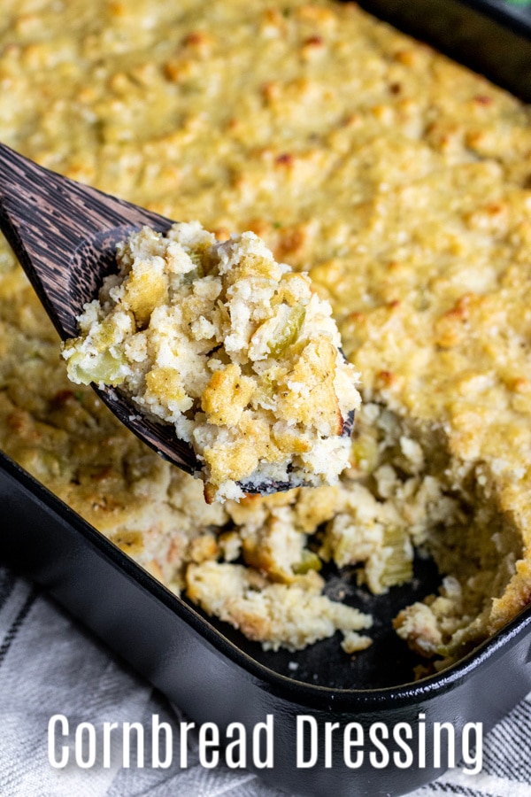This homemade cornbread dressing is a traditional southern cornbread dressing recipe that is an easy Thanksgiving side dish. It is the BEST dressing or stuffing recipe made with cornbread, biscuits, celery, onions, and broth. Add this classic Southern Thanksgiving stuffing for your Thanksgiving dinner this year! #thanksgiving #thanksgivingsidedishes #stuffing #thanksgivingrecipes #sidedish #cornbread #homemadeinterest