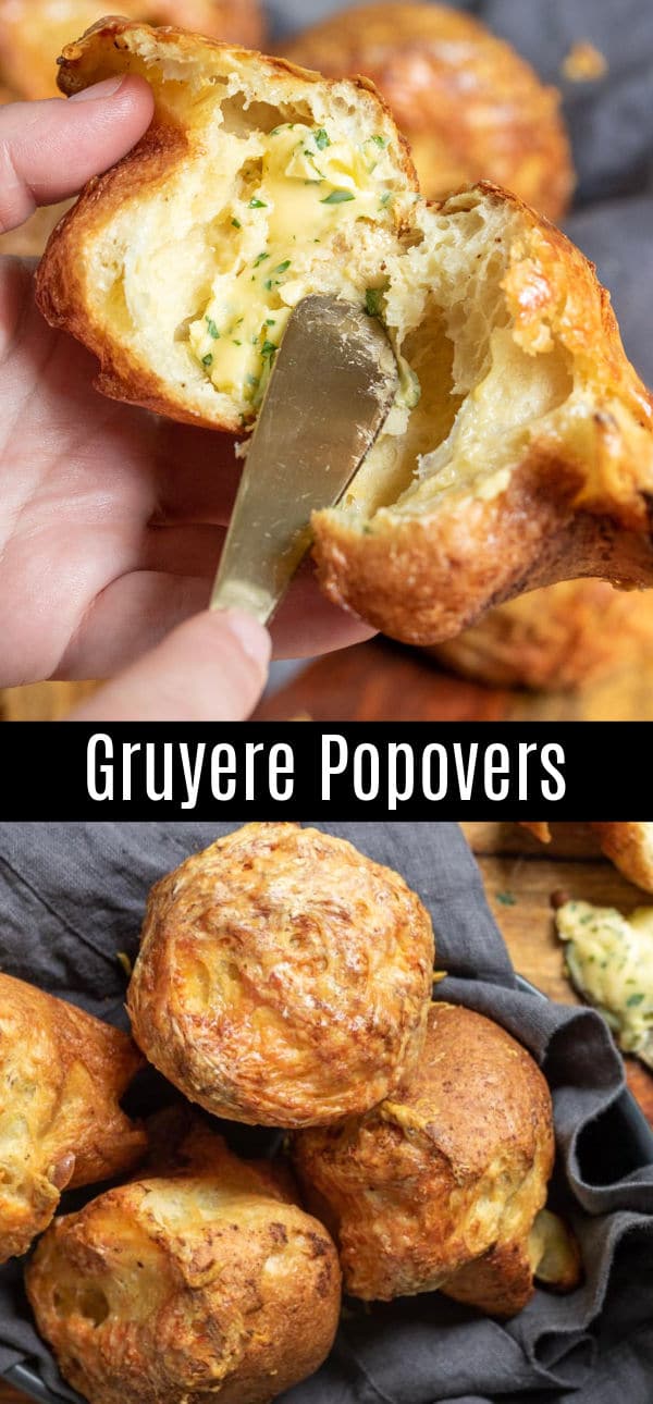 These easy Gruyere Popovers are a fluffy, cheesy popover recipe that make a great addition to Thanksgiving dinner or Christmas dinner! These cheesy popovers are a savory bread recipe that is easy to make and always impresses guests! #bread #popovers #cheese #thanksgiving #christmas #rolls #baking #homemadeinterest