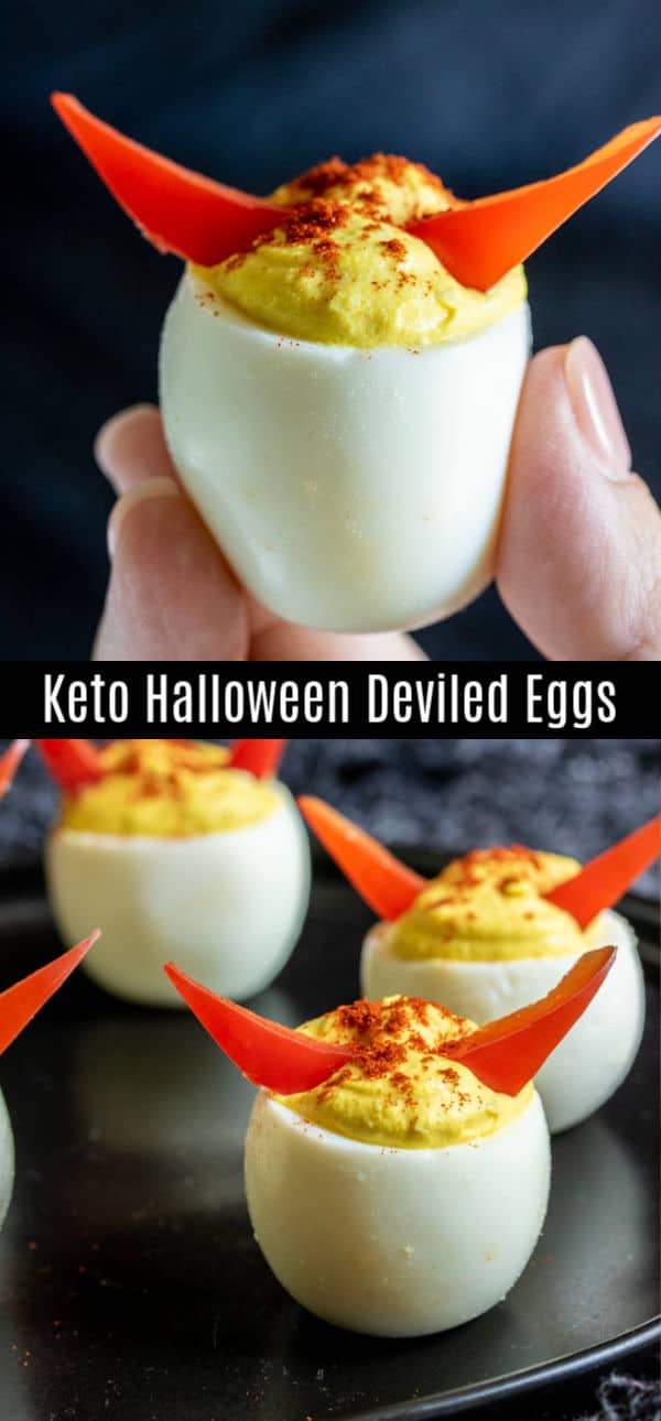 These easy Keto Halloween Deviled Eggs have a little extra spice thanks to spicy mustard powder and adorable devil horns on top to dress them up for your next halloween party. This is a great Halloween party food that all guests will enjoy especially your friends who are eating low carb! #lowcarbdiet #lowcarb #deviledeggs #ketodiet #ketorecipes #halloween #homemadeinterest