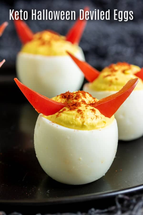 These easy Keto Halloween Deviled Eggs have a little extra spice thanks to spicy mustard powder and adorable devil horns on top to dress them up for your next halloween party. This is a great Halloween party food that all guests will enjoy especially your friends who are eating low carb! #lowcarbdiet #lowcarb #deviledeggs #ketodiet #ketorecipes #halloween #homemadeinterest