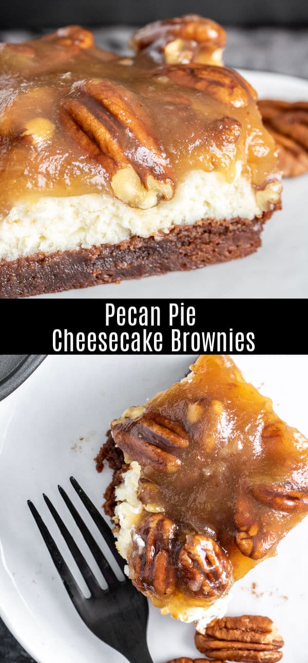These amazing Pecan Pie Cheesecake Brownies are layers of pecan pie fillings, creamy cheesecake, and fudgy chocolate brownies made with a boxed brownie mix. This is a delicious Thanksgiving dessert or Christmas dessert recipe...or just an awesome dessert for a party. This is the best cheesecake brownies recipe ever! #brownies #cheesecake #pecanpie #thanksgiving #christmas #dessert #homemadeinterest