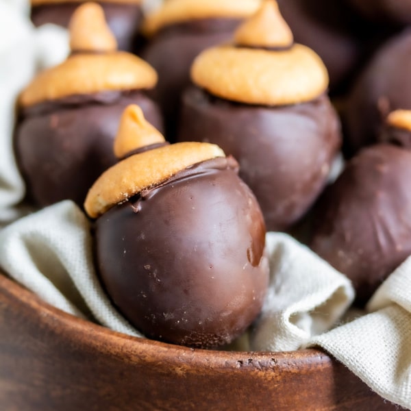 A bowl full of chocolate Acorn Oreo balls