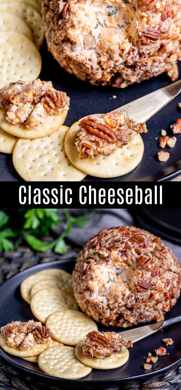 This Classic Cheese Ball recipe is the BEST! Just a few simple ingredients is all it takes to make this delicious cheese ball rolled in pecans. It's the perfect holiday appetizer that is low carb, keto, gluten-free, and super easy to make! Serve this as an easy Thanksgiving appetizer, Christmas appetizer, or New Year's Eve appetizer with a plate of veggies and crackers. #cheese #lowcarb #thanksgiving #christmas #newyearseve