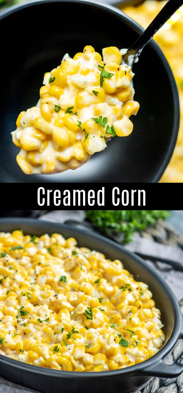 Creamed Corn is a delicious blend of corn kernels and milk, simmered on the stovetop to make a creamy, slightly sweet, classic southern corn side dish. This creamed corn recipe uses fresh, frozen, or canned corn. It's a traditional Thanksgiving side dish, and a delicious addition to a weeknight dinner. #corn #creamedcorn #thanksgiving #sidedish #side #homemadeinterest