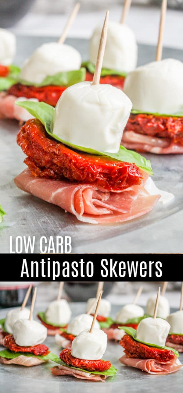 These antipasto skewers are an easy keto appetizer to make for parties. They are an elegant, low carb bite size appetizer recipe that is perfect for any brunch, dinner, or an easy New Year’s Eve appetizer recipe made with prosciutto, sun dried tomatoes, and fresh mozzarella. #brunch #lowcarb #keto #antipasto #appetizer #proscuitto #mozzarella #cheese #homemadeinterest