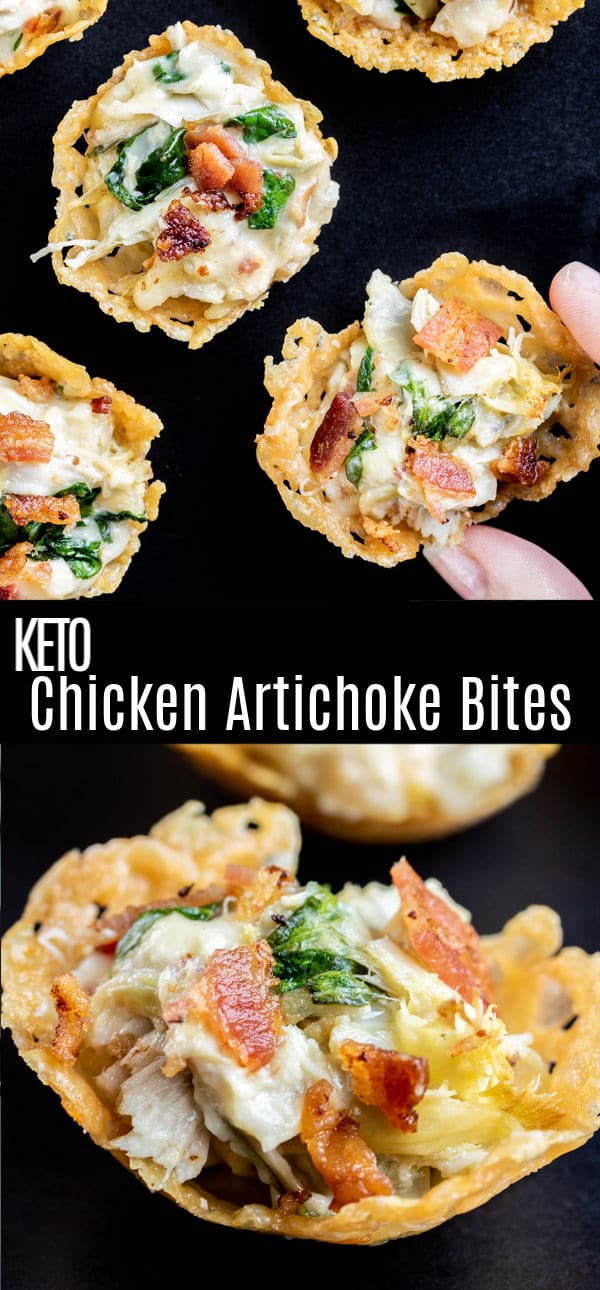 These Chicken Artichoke Bites are delicious bite size keto appetizers that are served in crisp Parmesan cups. This hot dip is made with chicken, artichoke hearts, spinach, bacon, and three types of cheese that is scooped into Parmesan cups to make low carb appetizers for Christmas, New Year's Eve, or any day of the week. Want to skip the cups serve it as a hot dip with vegetables and watch it disappear. #hotdip #dip #appetizer #newyearseve #homemadeinterest