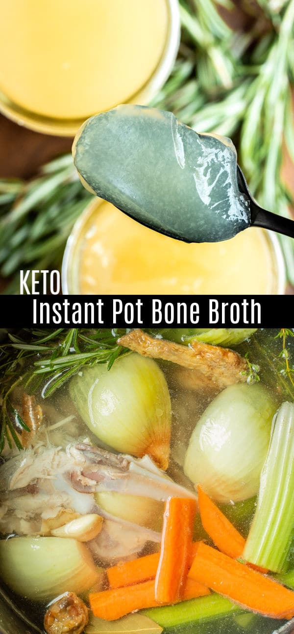 Easy instructions on how to make chicken bone broth in your Instant Pot. All the healthy benefits of rich, keto bone broth in less time. Our recipe for homemade chicken bone broth to use for soups and other easy dinner recipes. #bonebroth #chicken #instantpotrecipes #instantpot #pressurecookerrecipes #keto #ketorecipes #homemadeinterest