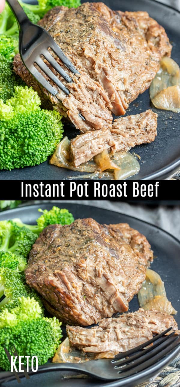 This easy Keto Instant Pot Roast recipe takes an inexpensive cut of chuck roast and turns it into a low carb, fall-apart-tender beef dinner made in an electric pressure cooker in less than an hour. It's an amazing pot roast made with red wine, carrots, onion, and chuck roast. We've skipped the potatoes to make it a keto and you won't even miss them! #potroast #instantpotrecipes #ketorecipes #keto #ketodiet #beef