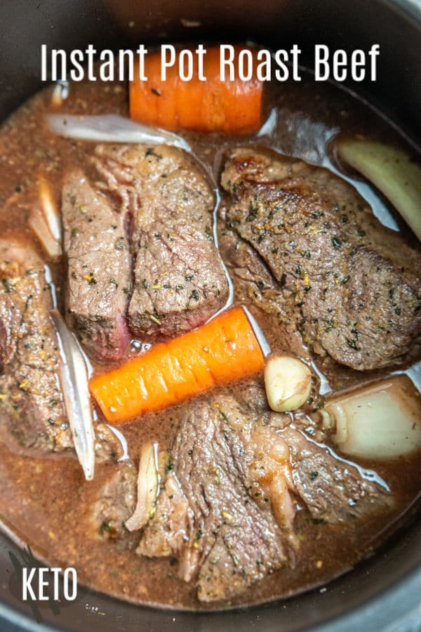 This easy Keto Instant Pot Roast recipe takes an inexpensive cut of chuck roast and turns it into a low carb, fall-apart-tender beef dinner made in an electric pressure cooker in less than an hour. It's an amazing pot roast made with red wine, carrots, onion, and chuck roast. We've skipped the potatoes to make it a keto and you won't even miss them! #potroast #instantpotrecipes #ketorecipes #keto #ketodiet #beef