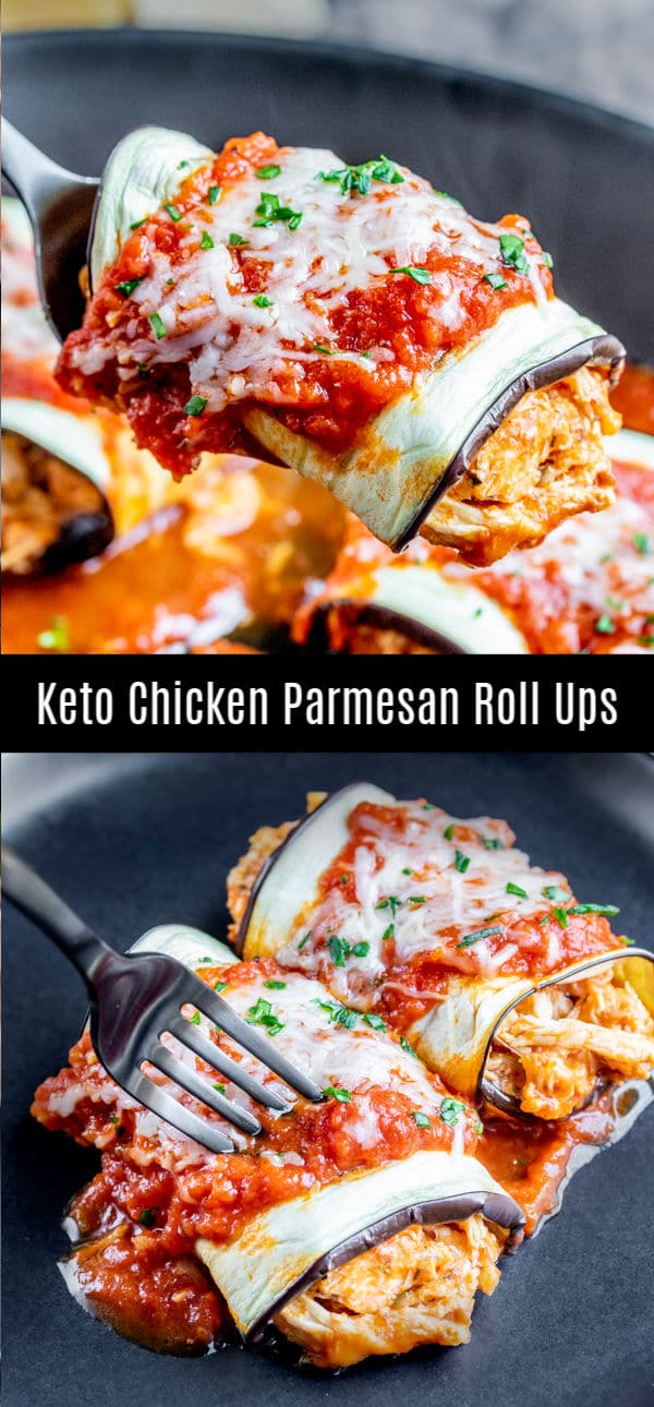 This delicious recipe for Keto Chicken Parmesan Roll Ups is classic flavors of chicken parmesan rolled up into a low carb eggplant wrapper and topped with low carb marinara sauce and cheese. A delicious Italian keto dinner recipe that everyone will love. This low carb recipe is the perfect way to fill your craving for chicken parmesan without all of the carbs! #chicken #ketorecipes #keto #lowcarbrecipes #lowcarb #homemadeinterest