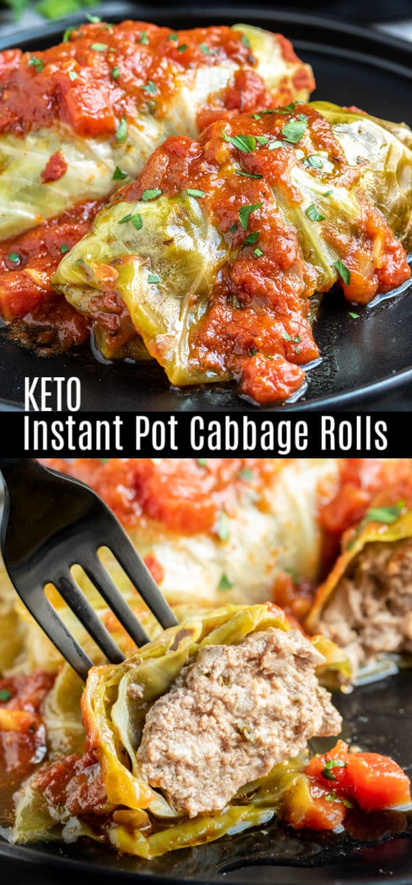 These simple Instant Pot Cabbage Rolls are delicious keto dinner recipe made with bundles of stuffed cabbage cooked until tender in a homemade tomato sauce. This traditional Polish dish has a low carb spin on it leaving out the rice and instead filling the cabbage leaves with seasoned beef and pork and cooking them in an Instant Pot for a quick and easy keto dinner for busy weeknights! #ketorecipes low carbrecipes #keto #cabbage #ketodiet #homemadeinterest