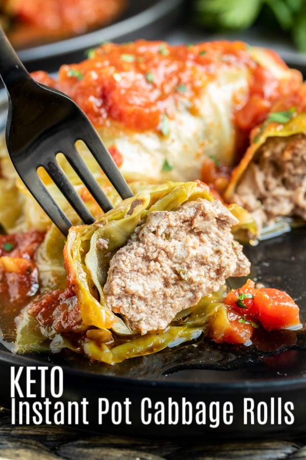 These simple Instant Pot Cabbage Rolls are delicious keto dinner recipe made with bundles of stuffed cabbage cooked until tender in a homemade tomato sauce. This traditional Polish dish has a low carb spin on it leaving out the rice and instead filling the cabbage leaves with seasoned beef and pork and cooking them in an Instant Pot for a quick and easy keto dinner for busy weeknights! #ketorecipes low carbrecipes #keto #cabbage #ketodiet #homemadeinterest
