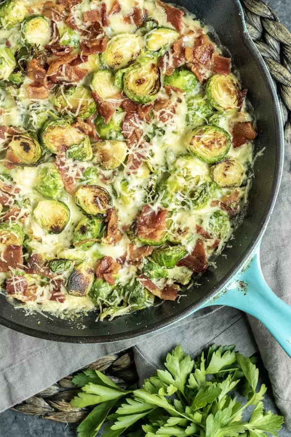 Cheesy Bacon Brussels Sprouts easy low carb skillet recipe