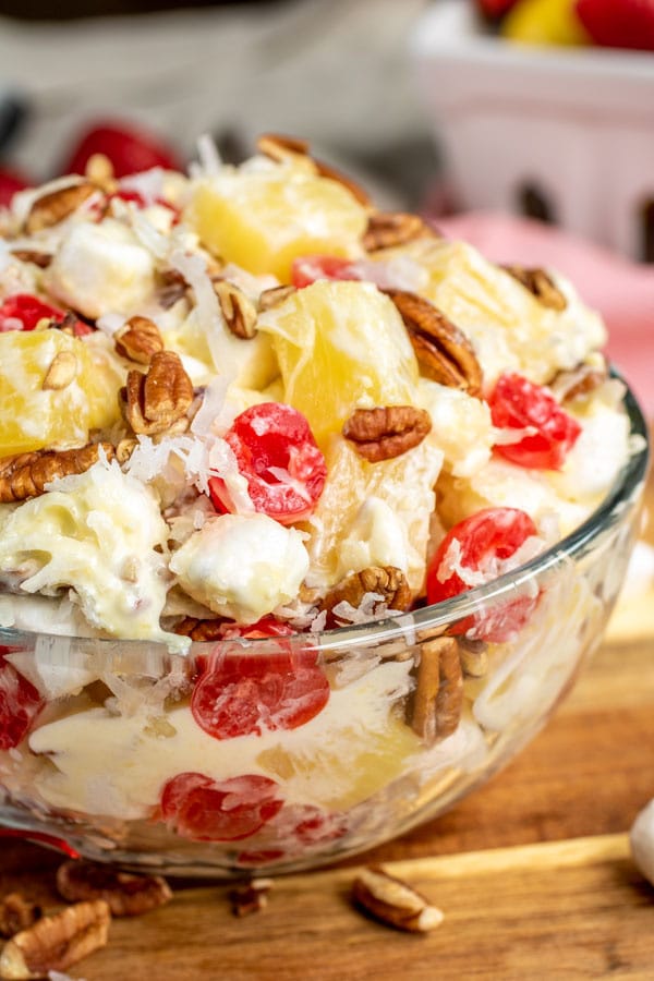 Millionaire Cheesecake Salad full of fruit, coconut and pecans