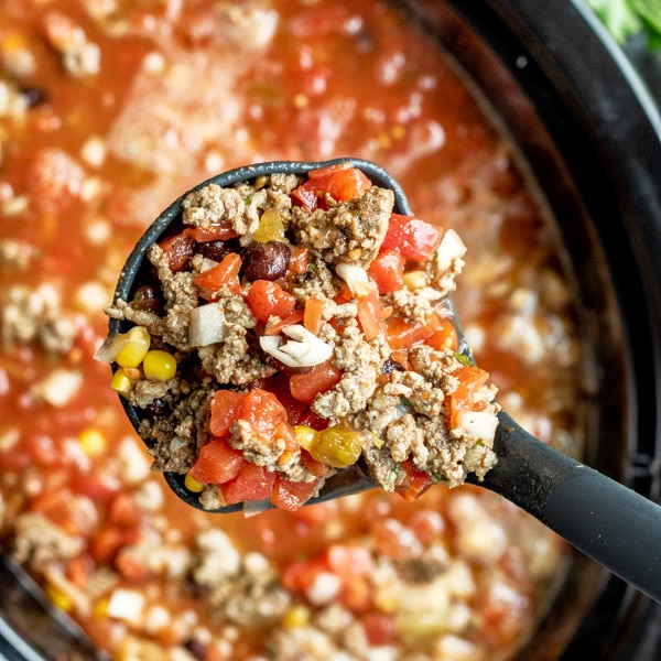 Slow Cooker Taco Soup in a ladle