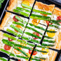 Sliced Asparagus Tart with goat cheese and tomatoes