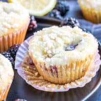 Blackberry Lemon Muffins in a cupcake liner