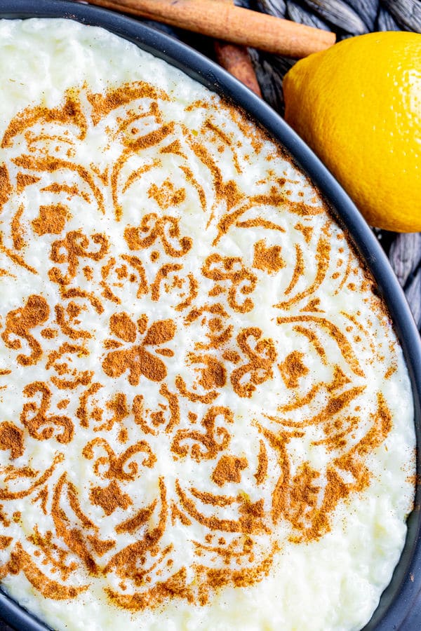 Portuguese Rice Pudding topped with cinnamon design made with a stencil