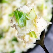 A spoonful of mashed potatoes with broccoli and scallions.