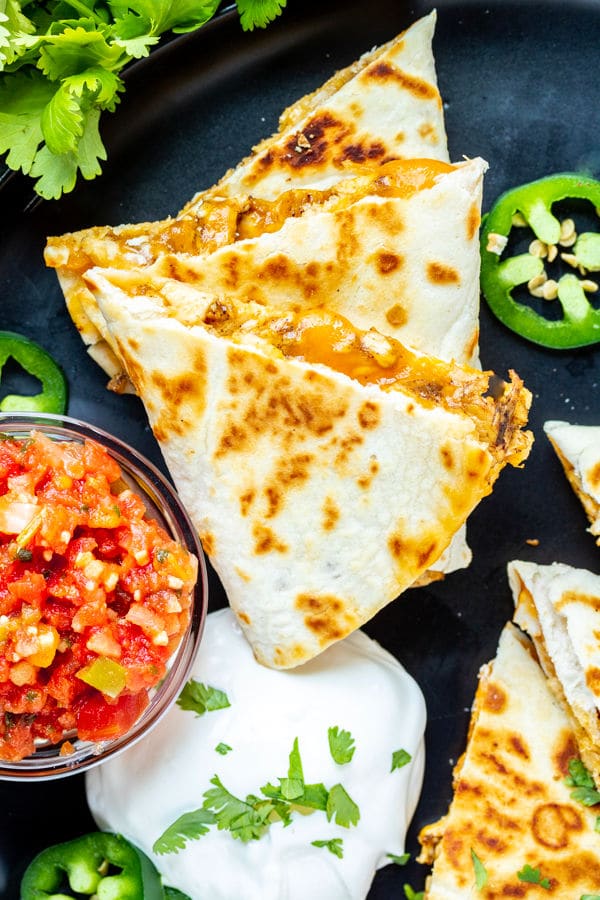 Chicken Quesadillas on a plate with salsa