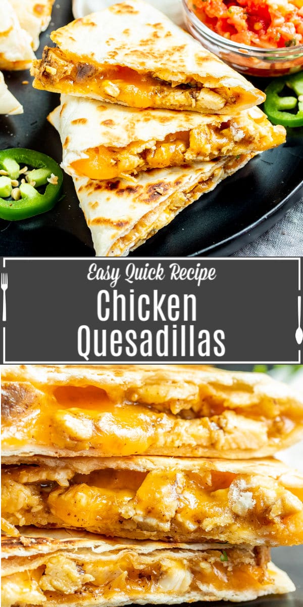 These easy chicken quesadillas are buttery, toasted flour tortillas packed full of grilled chicken and perfectly melted cheese. Chicken quesadillas are grilled in a skillet to make the perfect comfort food. It's an easy lunch or dinner recipes that kids and adults will love. They are a simple Cinco de Mayo dinner recipe!