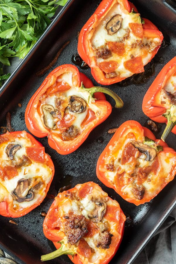 pan of Meat Lover's Pizza Keto Stuffed Peppers for low carb dinner