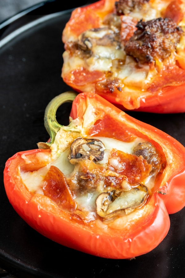 Meat Lover's Pizza Keto Stuffed Peppers stuffed with pizza favorites