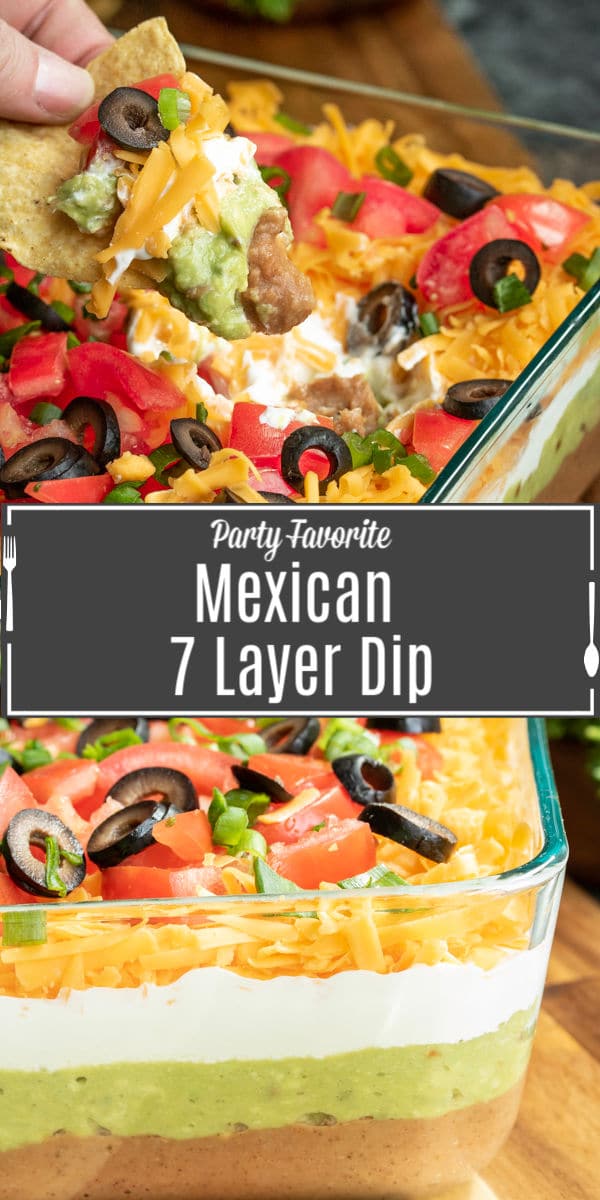This easy Mexican 7 Layer Dip is the perfect dip recipe for a crowd! This game day dip can be made ahead of time and served cold or at room temperature with chips. It's the perfect appetizer for Cinco de Mayo, 4th of July and summer picnics and it makes great Super Bowl party food! This vegetarian dip is layers of sour cream, guacamole, beans, tomatoes, cheese, olives, and onions.