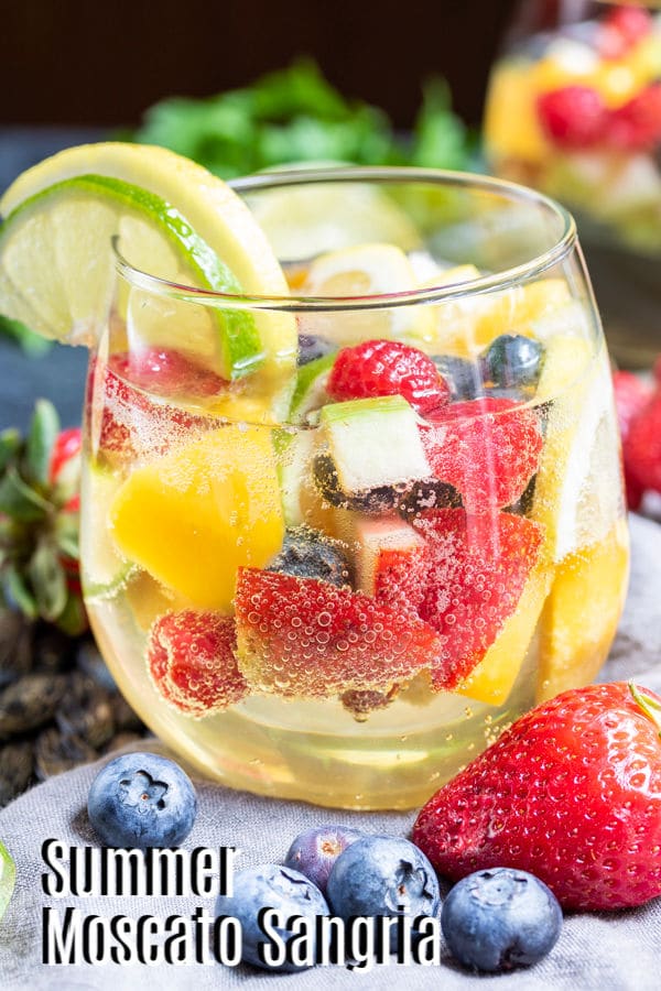 Pinterest image for Summer Moscato Sangria with text on it