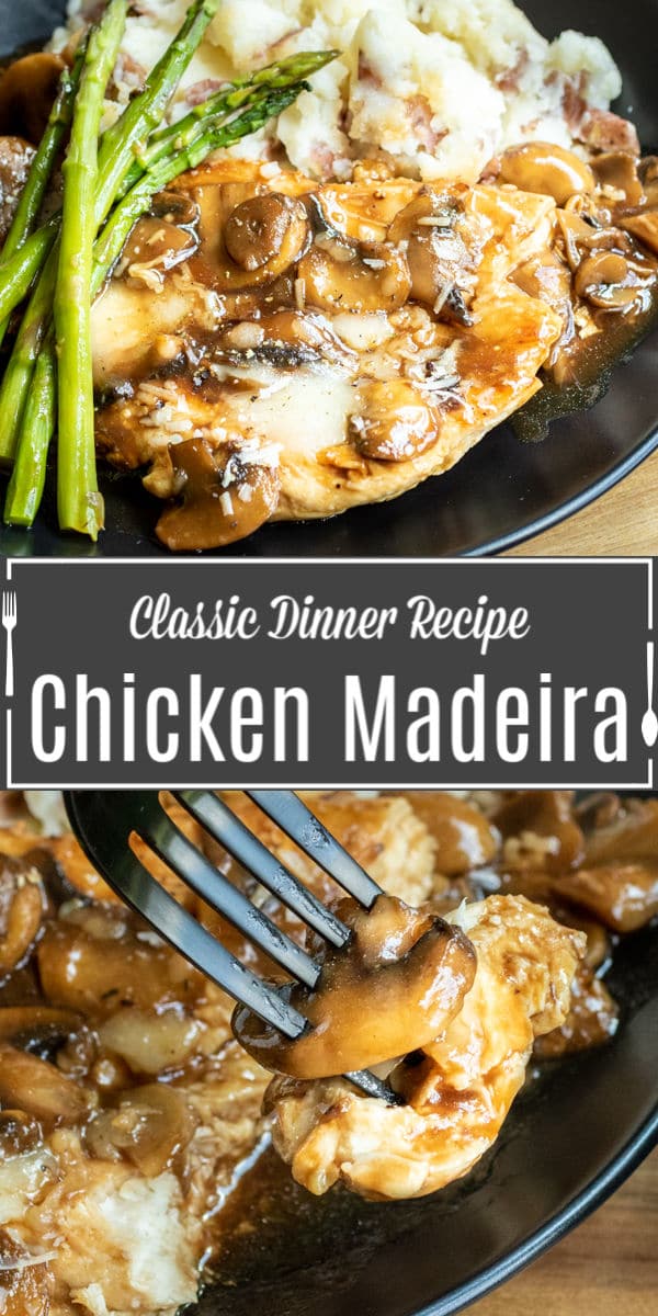 Pinterest image for Copycat Cheesecake Factory Chicken Madeira with title text