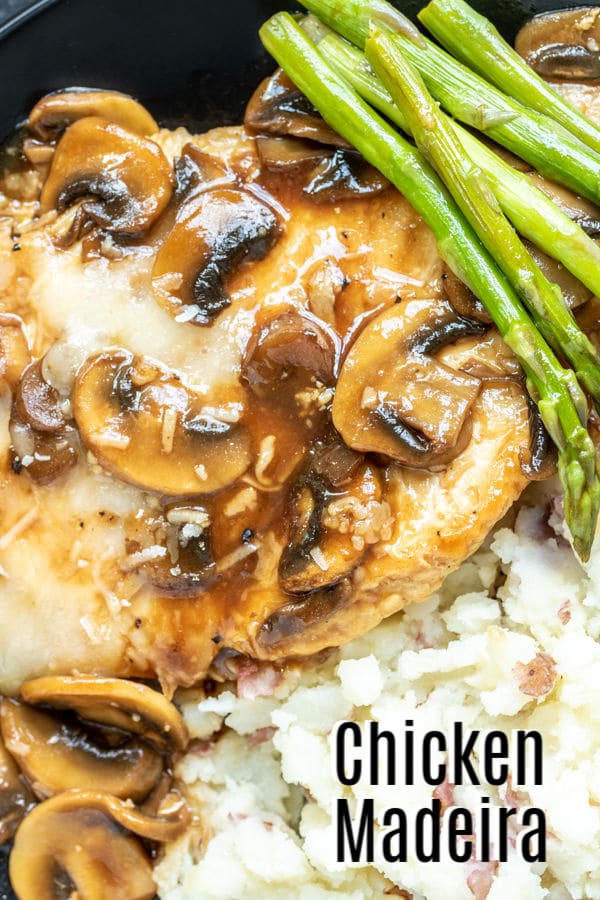 Pinterest image for Copycat Cheesecake Factory Chicken Madeira with title text