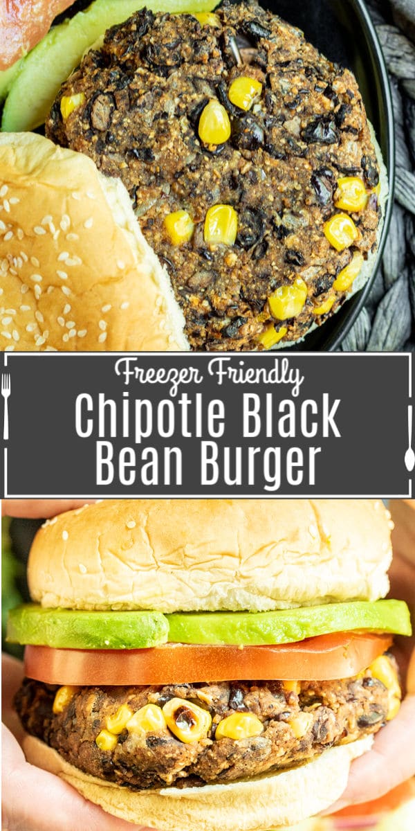 Chipotle Black Bean Burgers pinterest image with title text