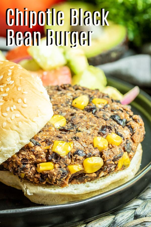 Chipotle Black Bean Burgers pinterest image with title text