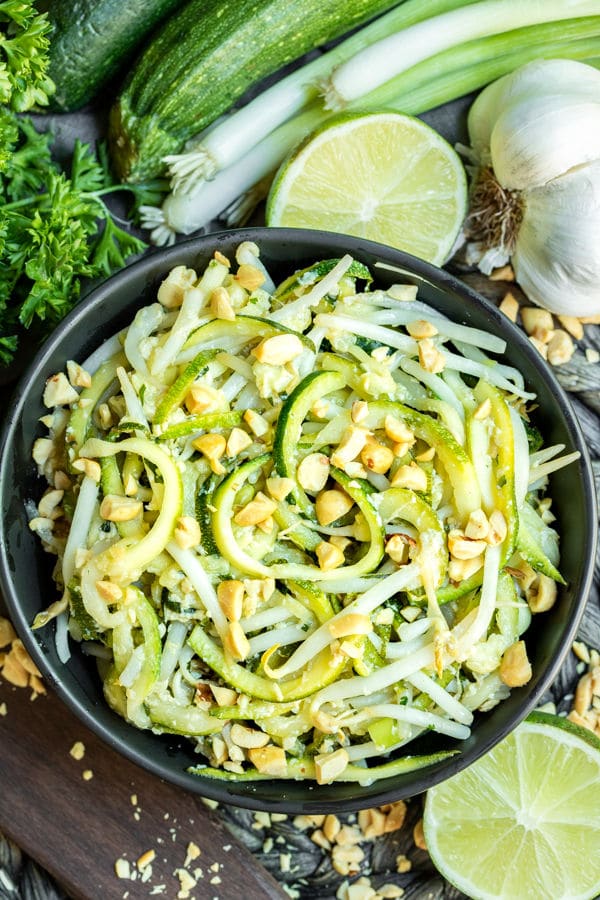 bowl of Keto Pad Thai made with spiral zucchini