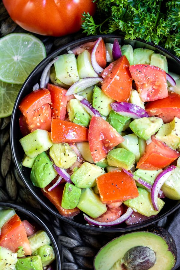 Pinterest image for Cucumber Tomato Avocado Salad with title text