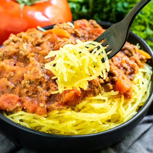 bowl of Instant Pot Spaghetti Squash with keto meat sauce